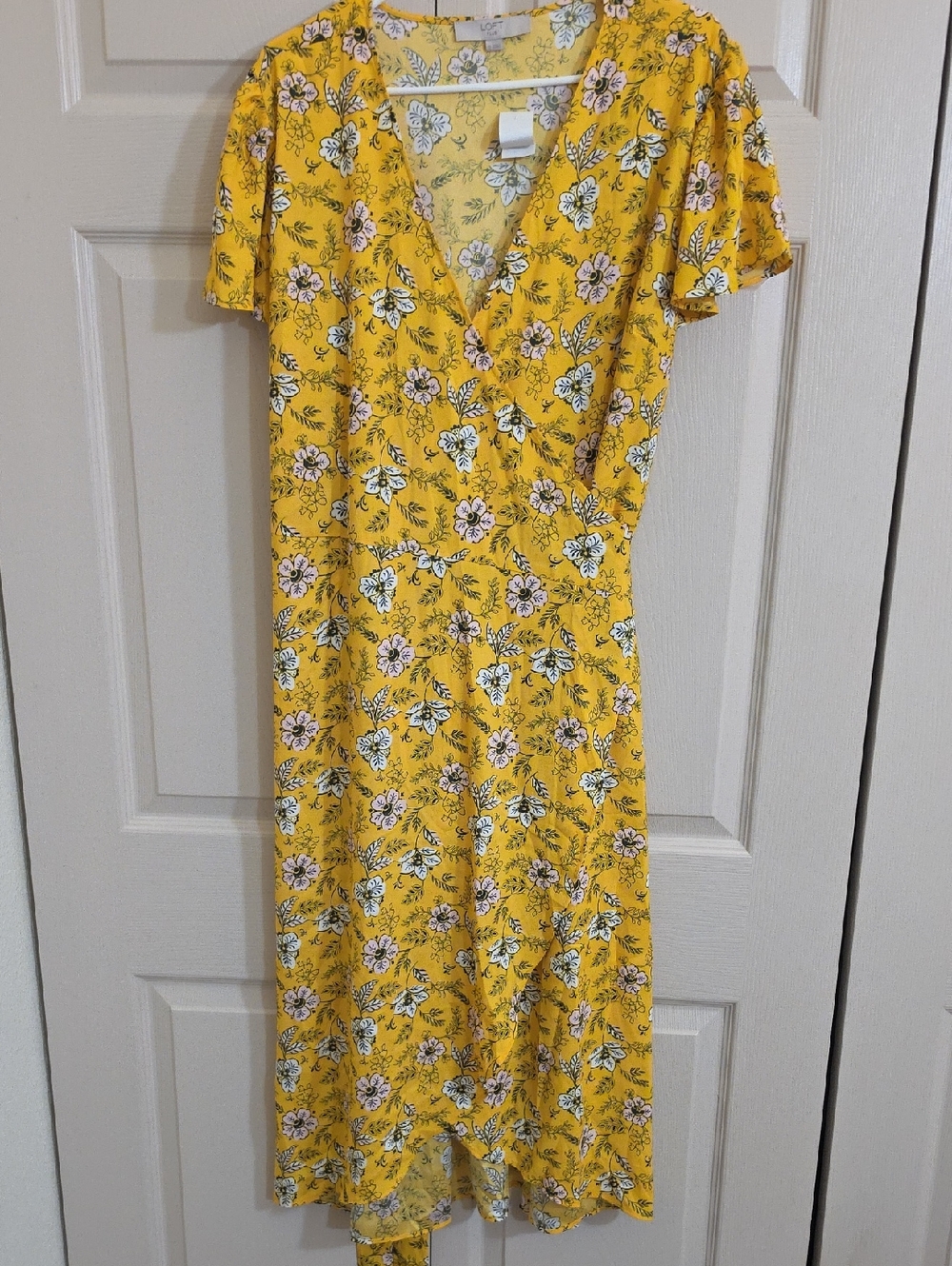 LOFT Yellow Floral Wrap-Style Midi Dress